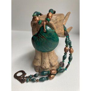 Artisan Copper and Acrylic Nautical Boho Necklace Signed w Ladybug and PW 20”